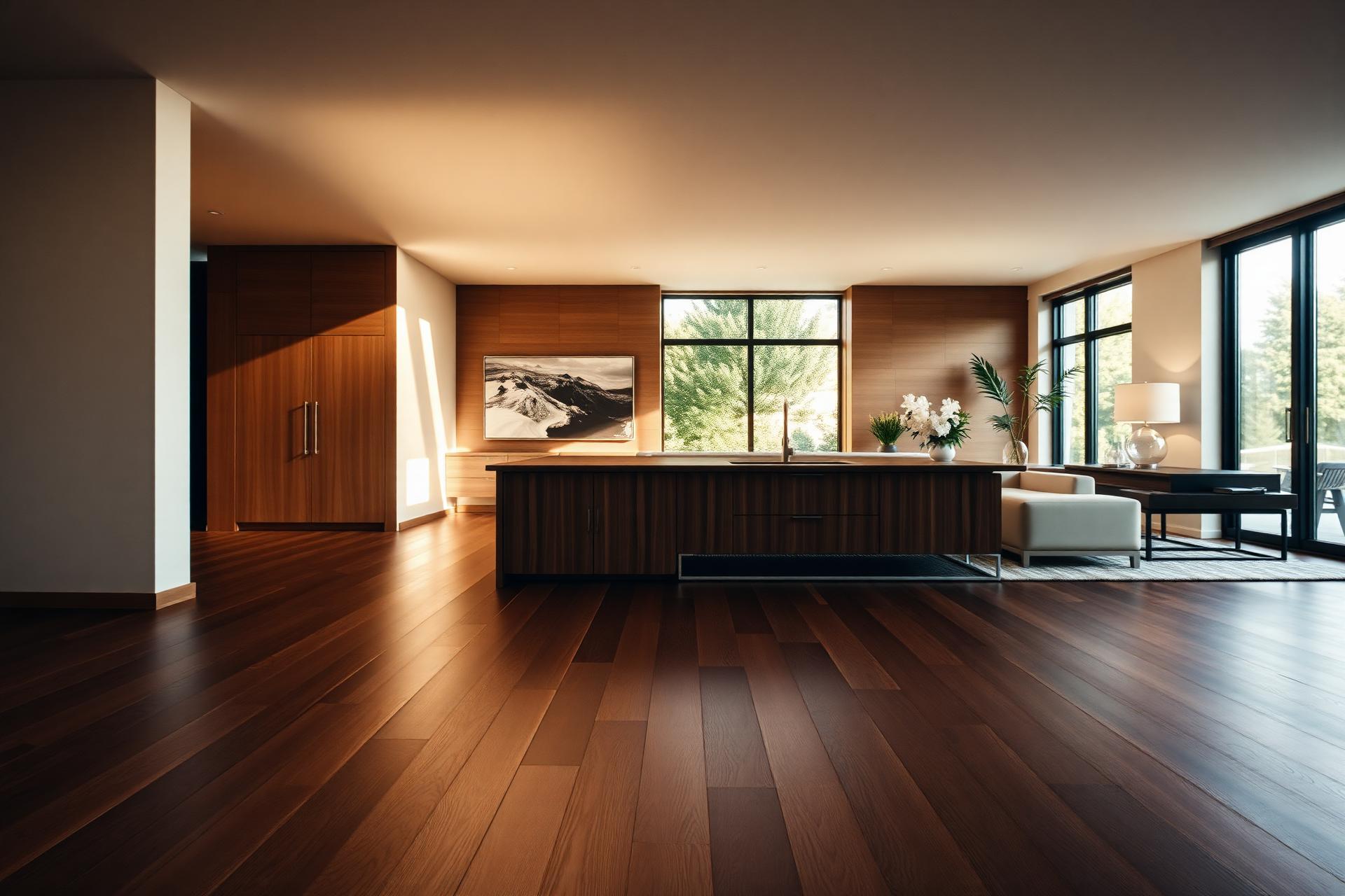 Luxurious living room with wide-plank hardwood floors